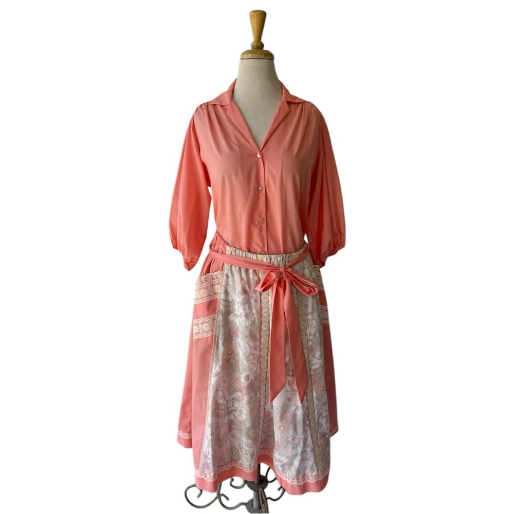 Vtg 70s Coral Floral Skirt Set Sz M/L Midi Lace Cottage Prairie 2pc Reversible